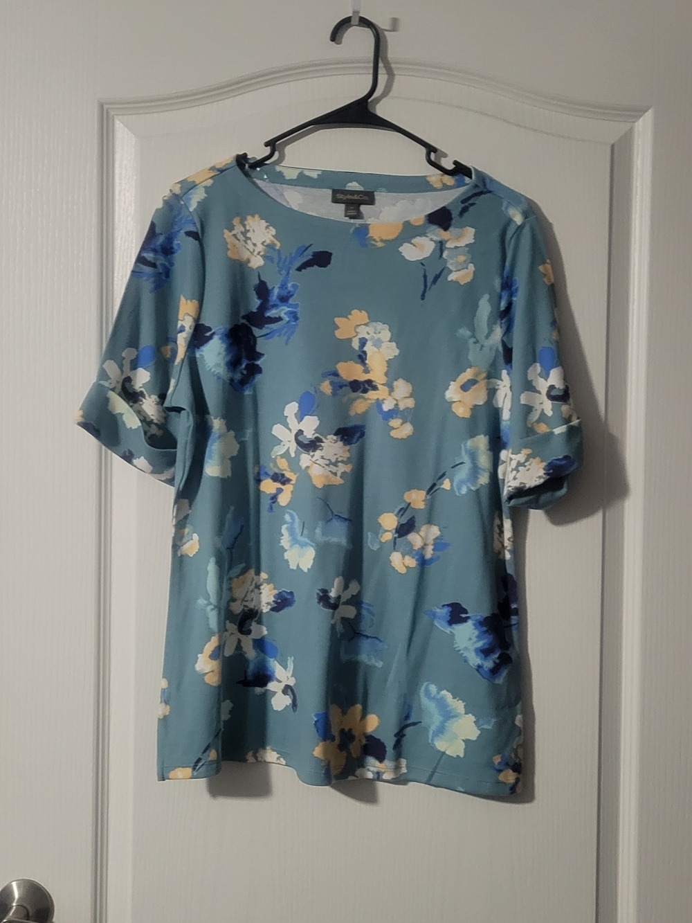 Style & Co. Teal Blue Floral Short Sleeve Blouse